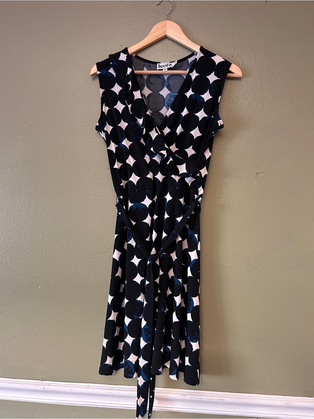 Leota Sleeveless Professional Black, White, Blue  Polka Dot Faux Wrap Dress - Picture 2 of 7
